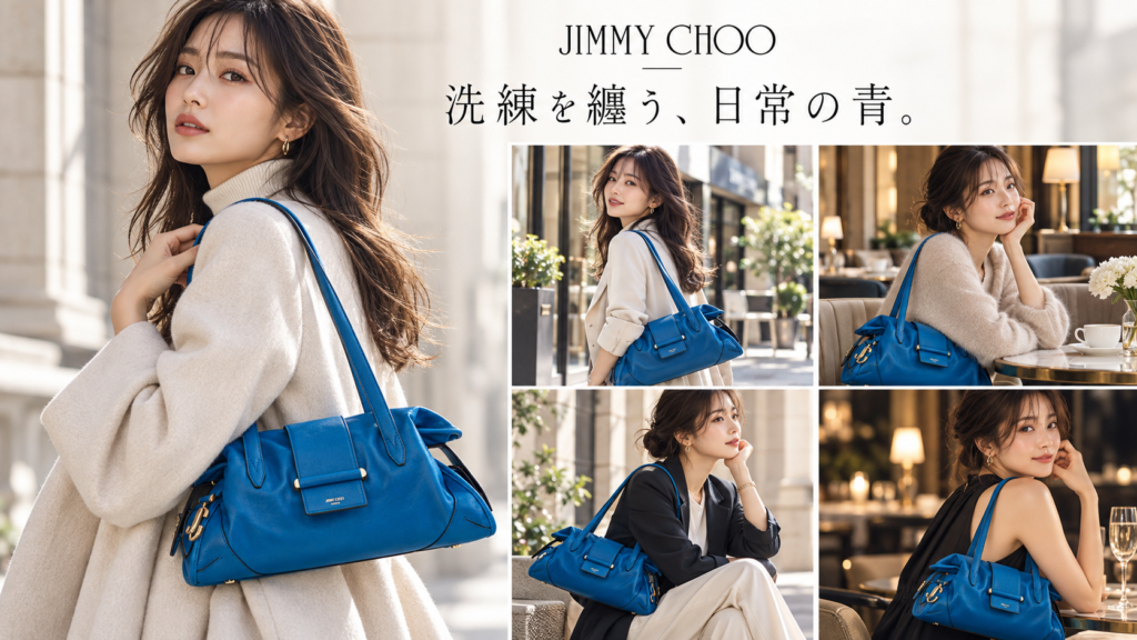 JIMMY CHOO バッグを使った大人のブルーコーデ