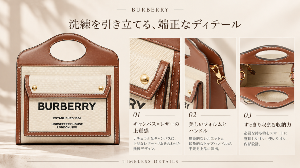 BURBERRY バッグ レザーとキャンバスのディテール