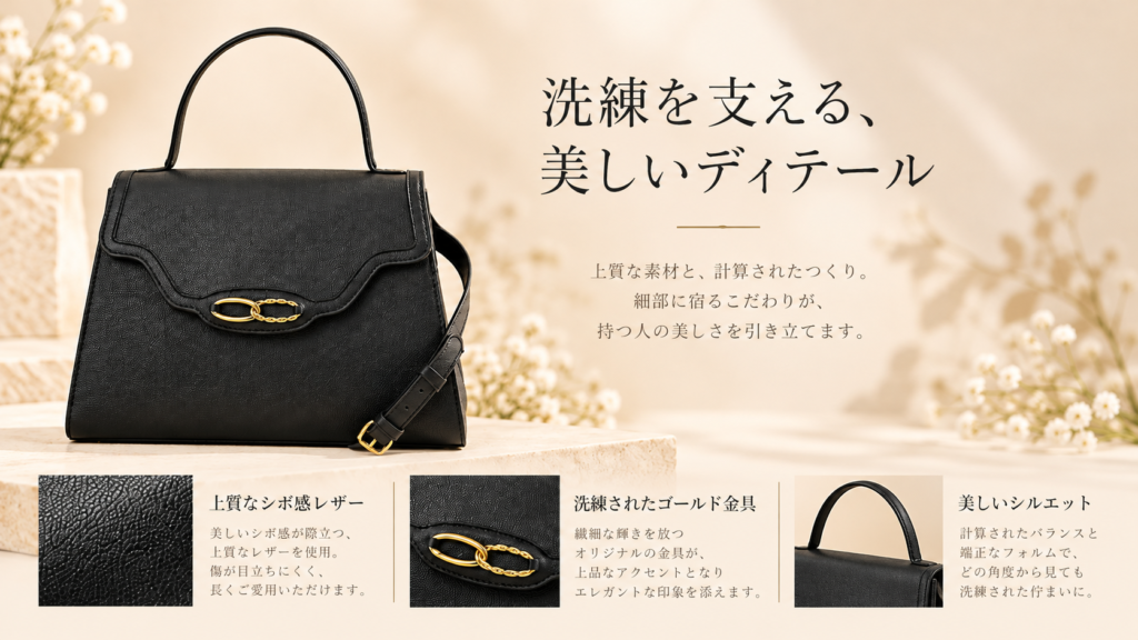 AGCF ブラック バッグ ゴールド金具とレザーのディテール